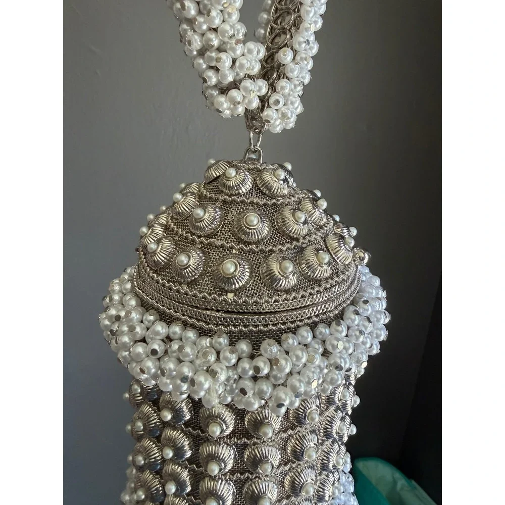 Ramla Cocktail Pearl Signature Bag OS Silver White Beaded Lantern Evening Bag